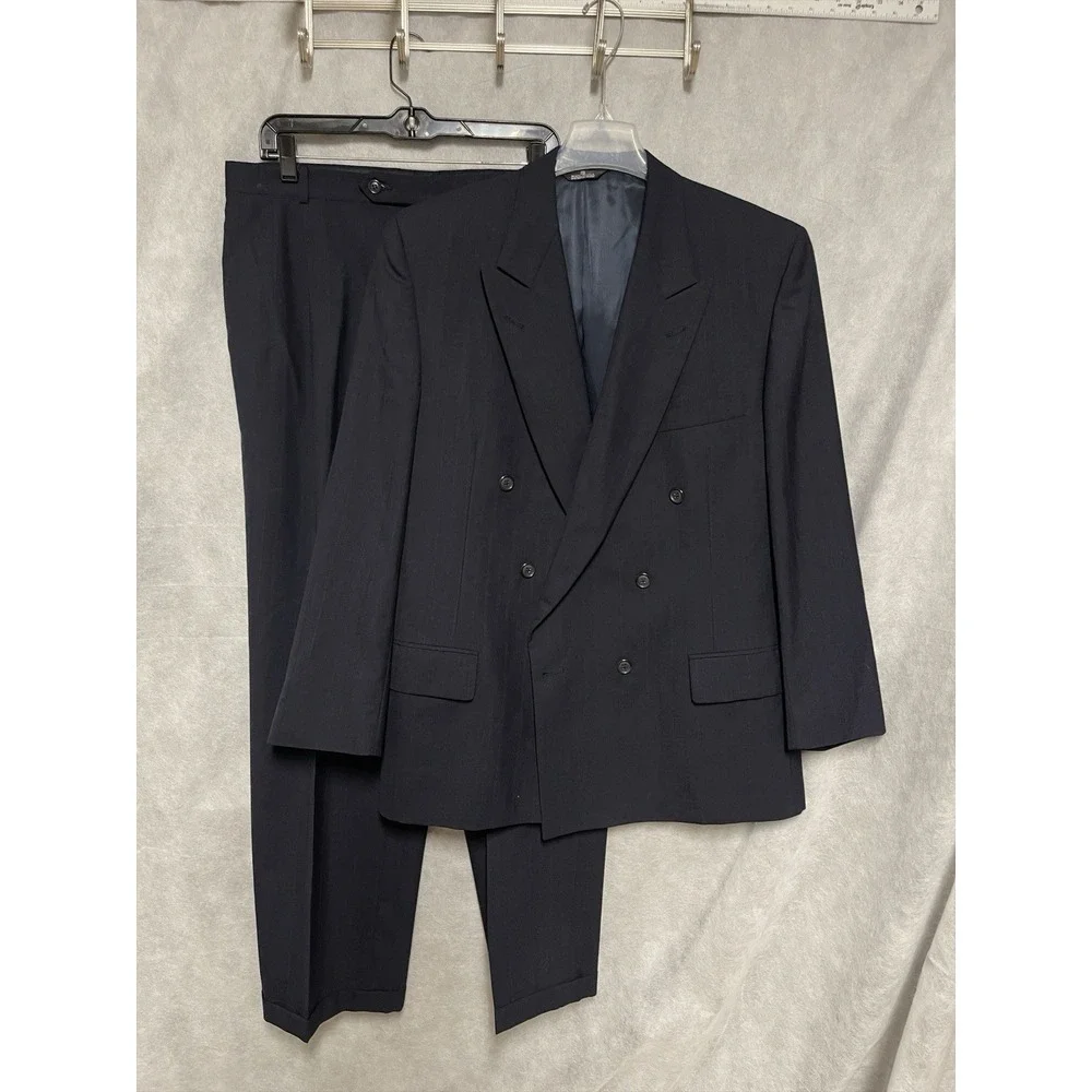 Perry Ellis Suit Men 42R Navy Striped Double Breasted Wool 36x32 Pants Luxury